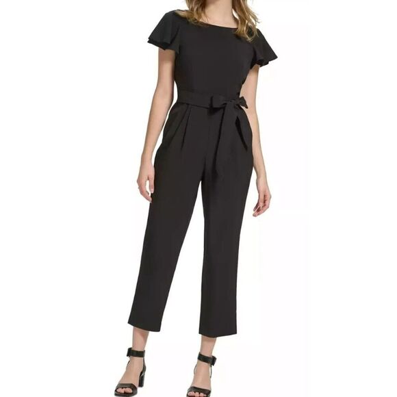 Calvin Klein CD4E1Q89 Women's Sz 12 Black Flutter Sleeve Belted Jumpsuit - Picture 7 of 9